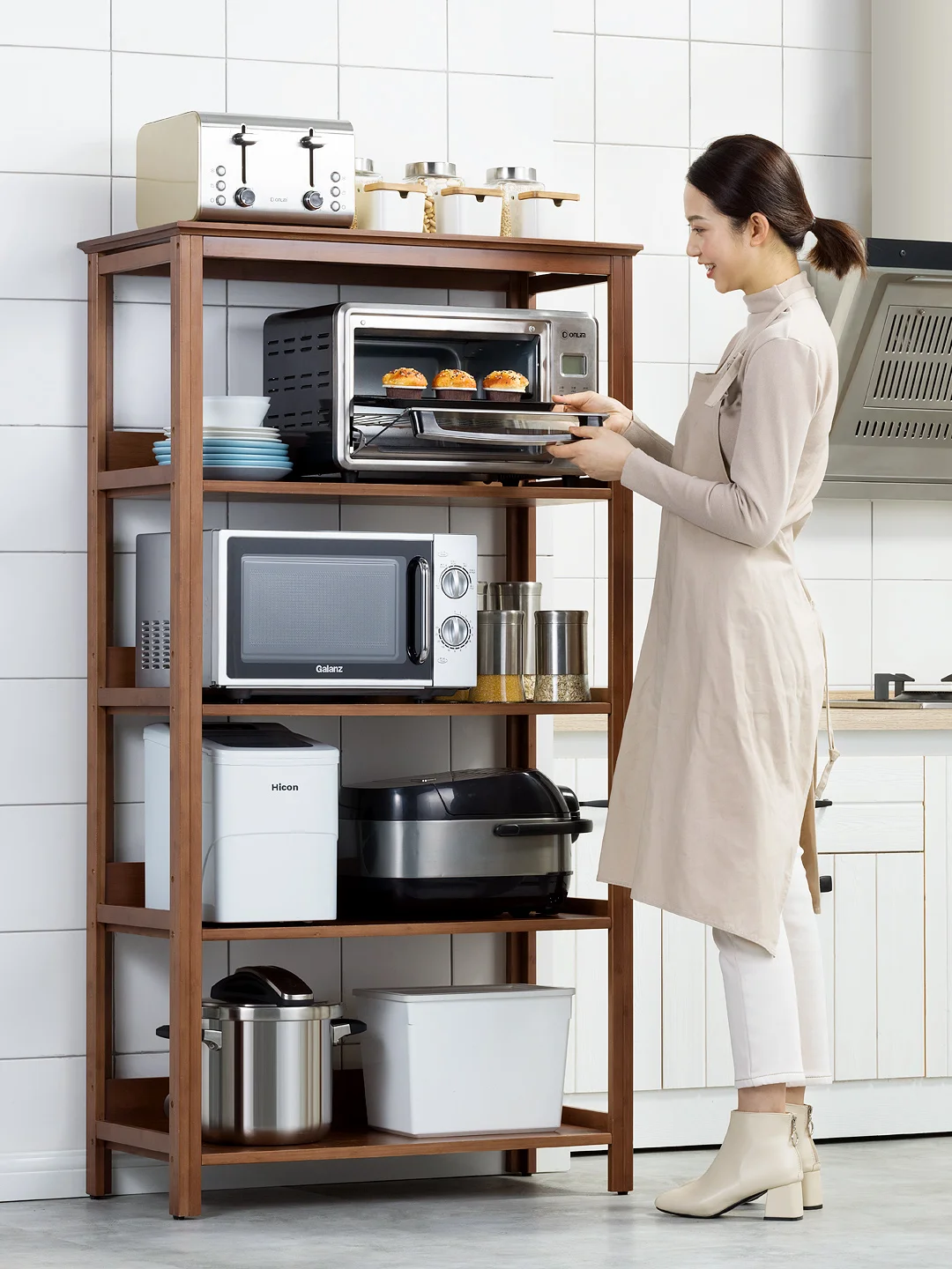 Kitchen storage rack, multi-layered microwave oven, oven storage rack, solid wood storage cabinet, bamboo rack