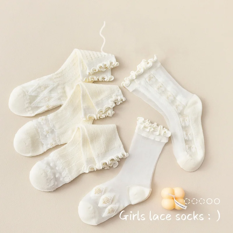 5 pairs of girls\' thin white long socks Summer children\'s tall tube wooden ear lace Princess calf girl mesh breathable