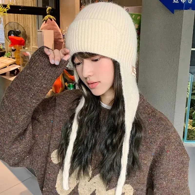 

Cute Beanie Autumn Winter Women Warm Japanese Knit Hat Pile Caps Ladies Ear Protection Tie Pullover Hat Gorro Bonnet
