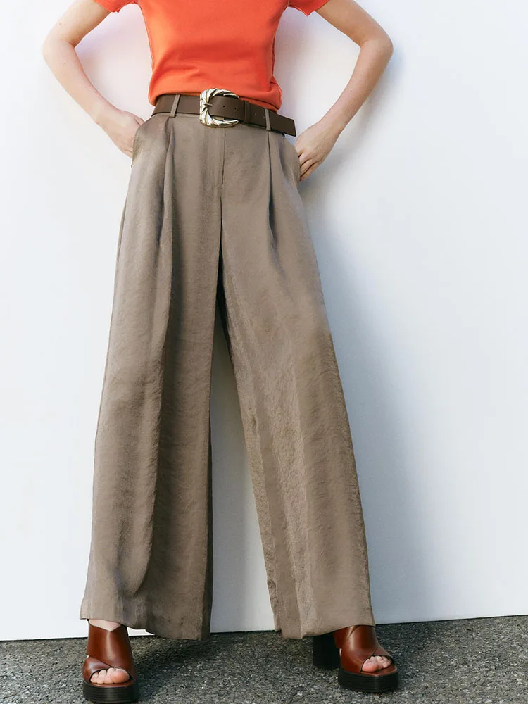 بنطلون نسائي واسع الساق للتنحيف بتصميم عصري جديد لموسم الربيع، مصنوع من الحرير الساتان مع حزام، زي مسرحي عرقي أنيق للسيدات