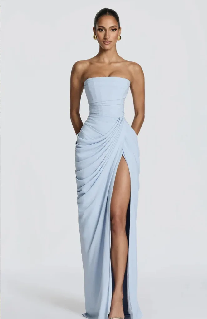 Mingmingxi Spring Summer Yellow Strapless Maxi Dress Ruched High Slit Evening Gown Bodycon Wedding Guest Party Dress Women