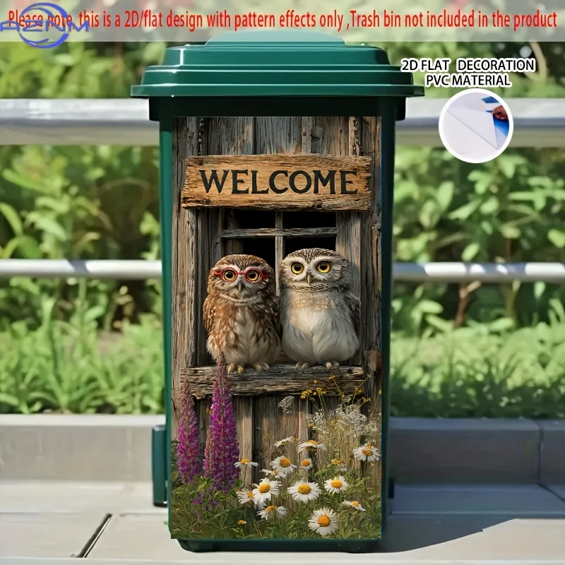 2D/FLAT, Welcome Owls Self-Adhesive Dustbin Stickers, 14.57×32.28 Inch, Two Rustic Window Ledge Owls with Flowers and a 