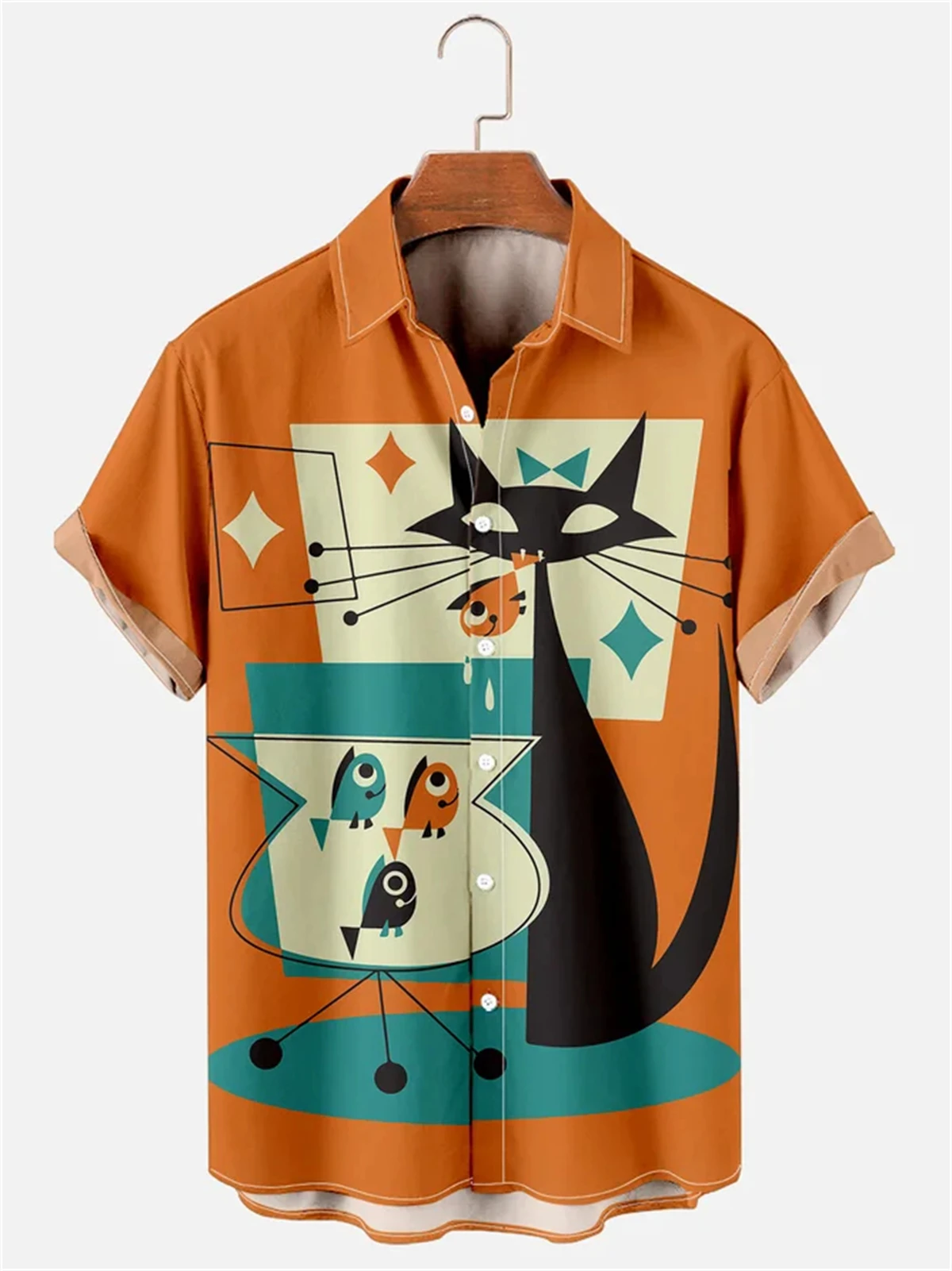 Camisa de manga corta con estampado de gato abstracto para hombre, Top Hawaiano con solapa a la moda, informal, talla grande, novedad de 2024