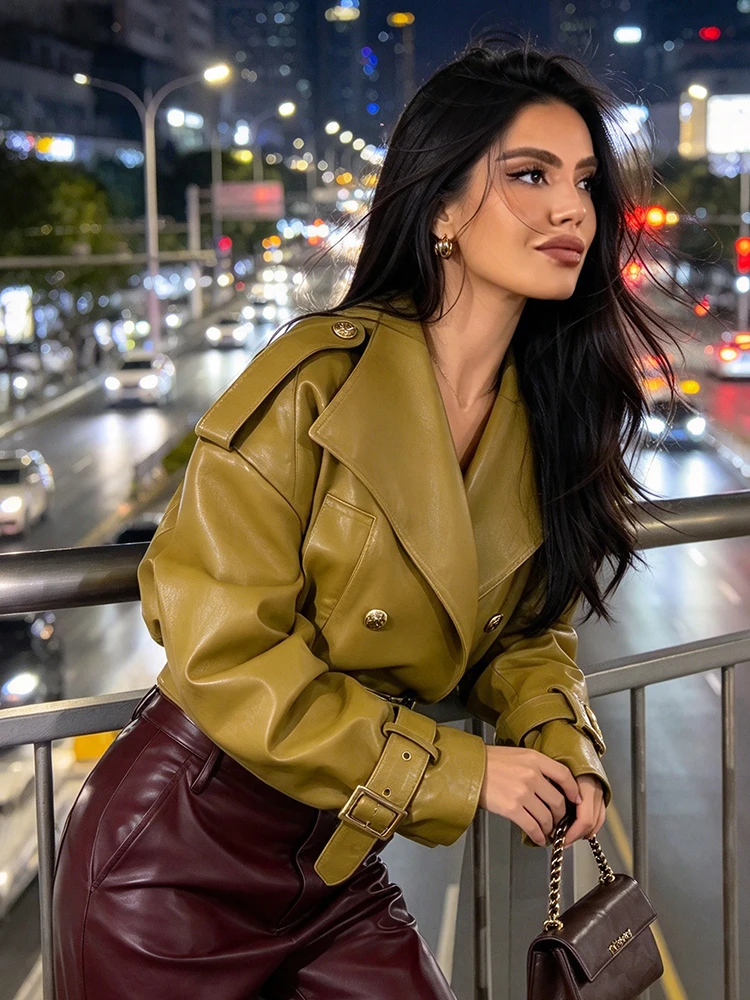 New Women Short Cropped Pu Leather Jacket Notched Lapel Double Breasted Belt Buckle Cuff Faux Leather Trench Street Outerwear