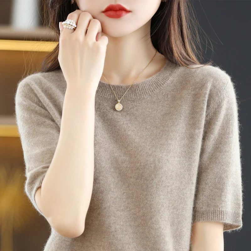 2024 Classic Style Cashmere Pullover Fashion Merino Wool Sweater Round neck Short sleeve Knitwear Soft Warm Basic' Clothing Tops