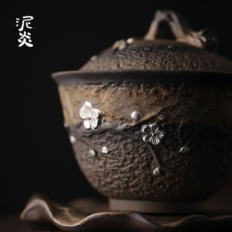 CX coarse pottery old rock mud cover bowl single hand-painted silver Sancai bowl ceramic kung fu tea set