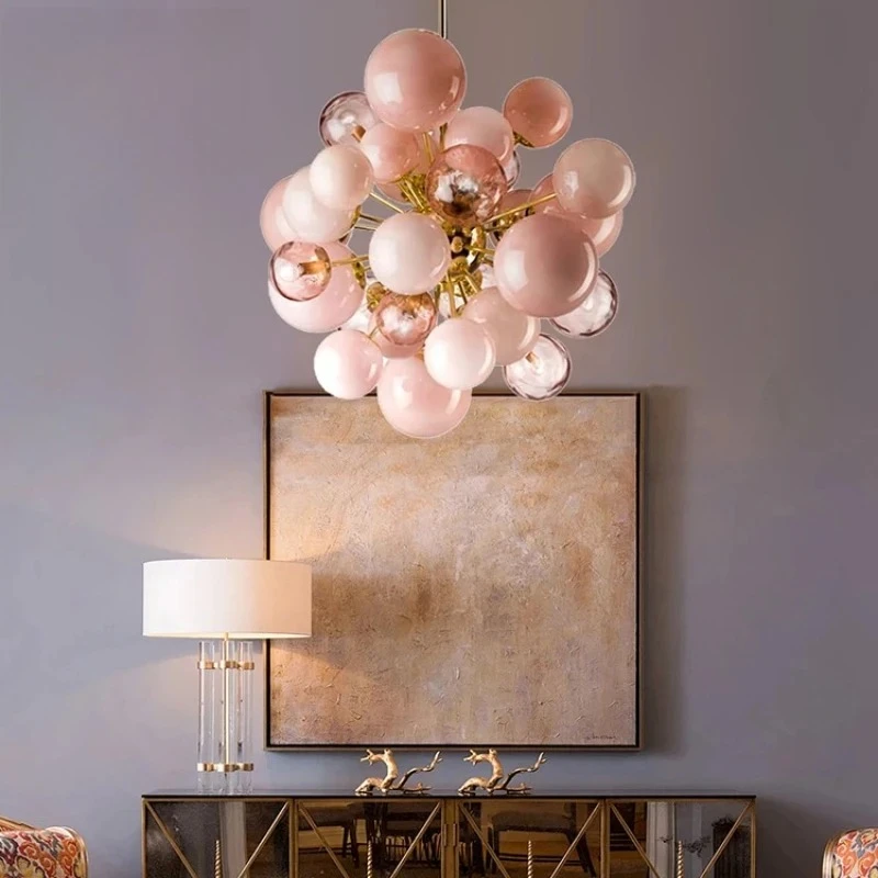 

Светильник-люстра из стеклянных шаров для декора гостиной, спальни, столовой, современный розовый подвесной светильник, внутреннее освещение