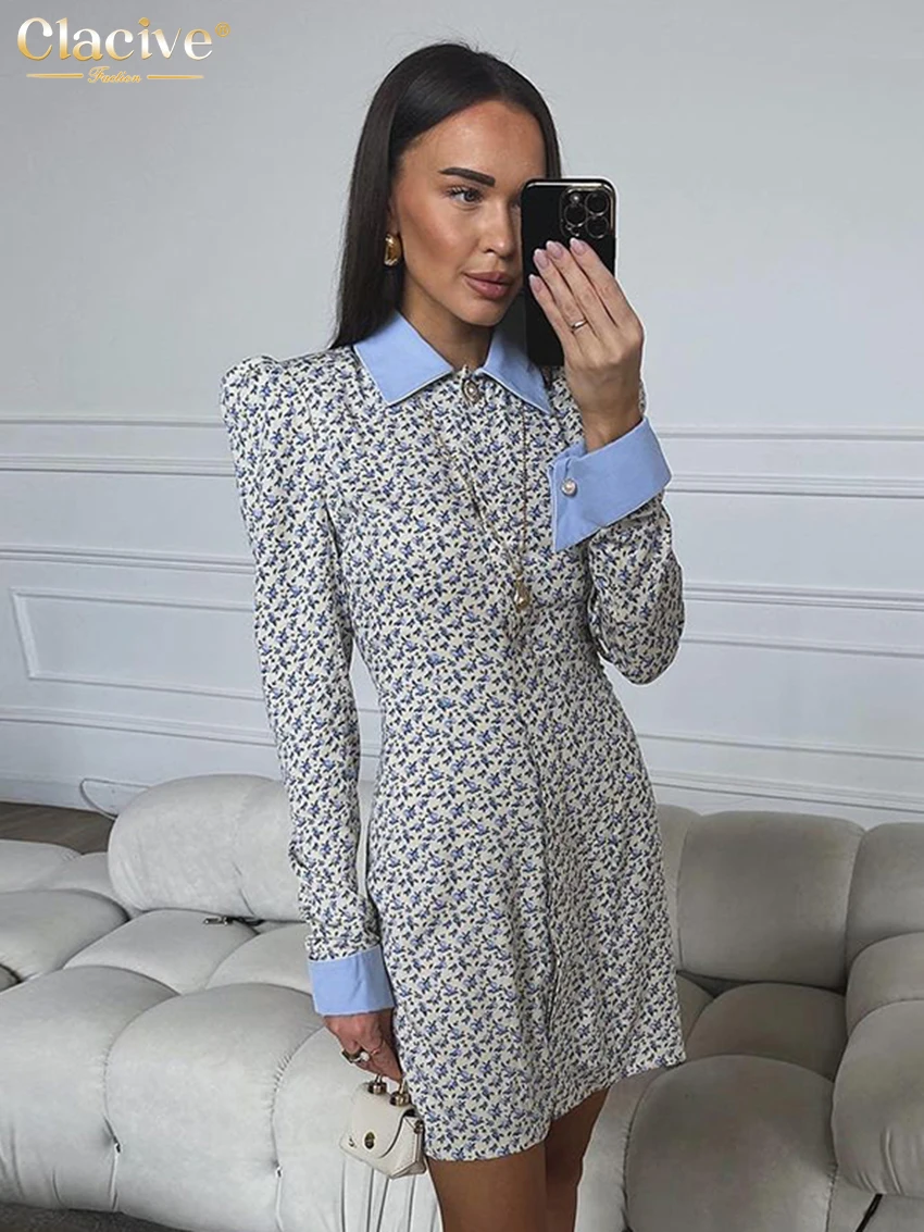 Clacive Fashion Loose Print Women\'s Dress 2025 Vintage Lapel Long Sleeve Office Lady Mini Dresses Elegant Classic Female Dress