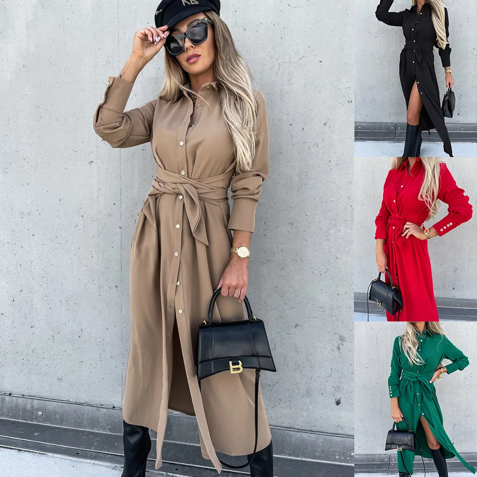 Abito da donna maxi t-shirt abbottonato in cotone da donna Abito lungo casual con colletto a maniche lunghe con risvolto Abito da donna in vita con lacci