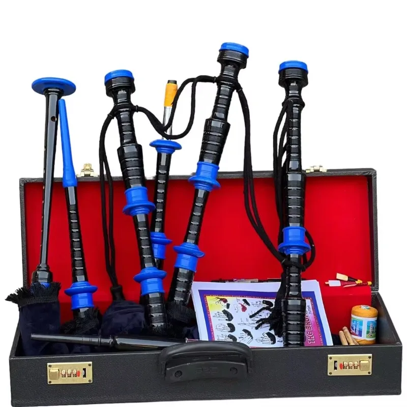 

Full-size professional black bagpipes with blue base and blue velvet hood, including hard case