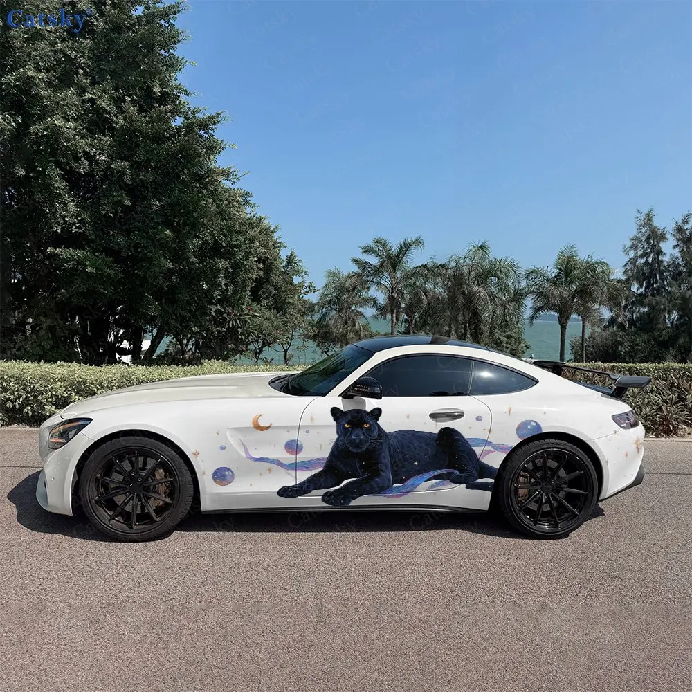 2pcs Black Panther Ethereal Galaxy Car Side Wraps, Self-Adhesive PVC Waterproof & Scratch-Resistant Stickers, Car Accessory Gift