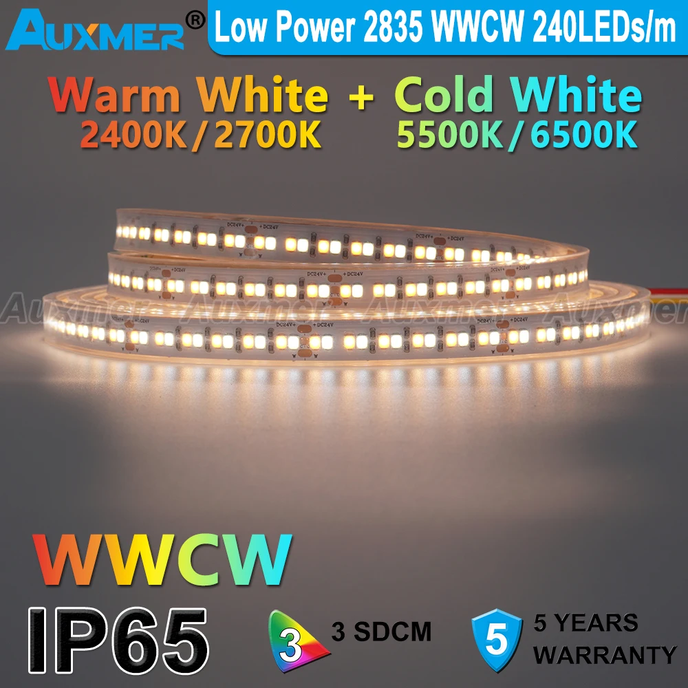 Low Power 2835 WWCW LED Strip Lights,CCT 240LEDs/m 19.2W/m,IP65 Waterproof,CRI95/90 24V,Diode Tape Color Temperature Adjustable