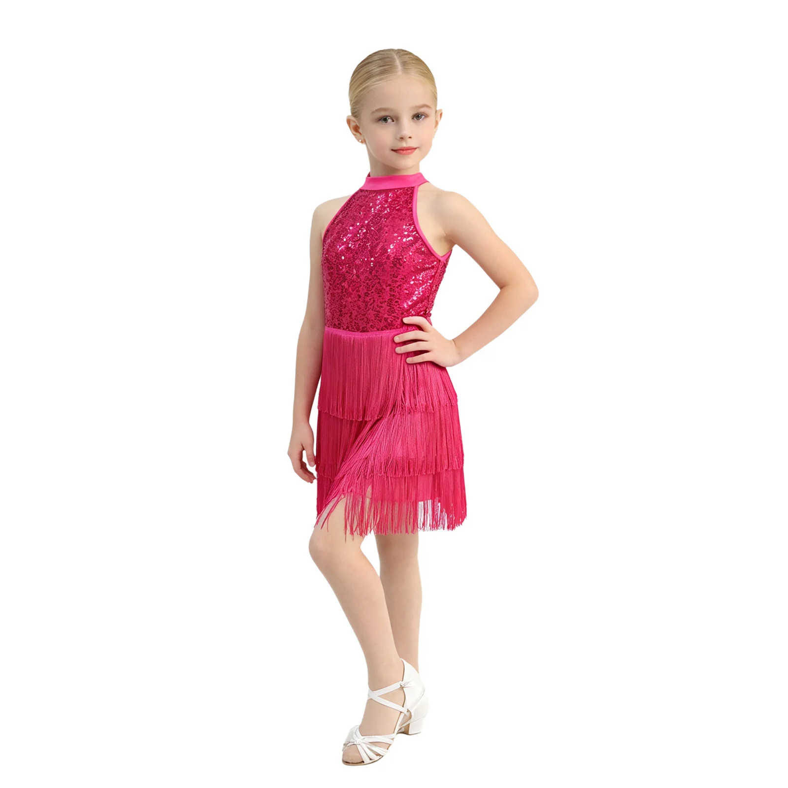 Kids Girls Fringed Dresses Latin Dance Outfit Salsa Tango Halter Sequin Tassel Dress for Stage Performance Chacha Dancewear