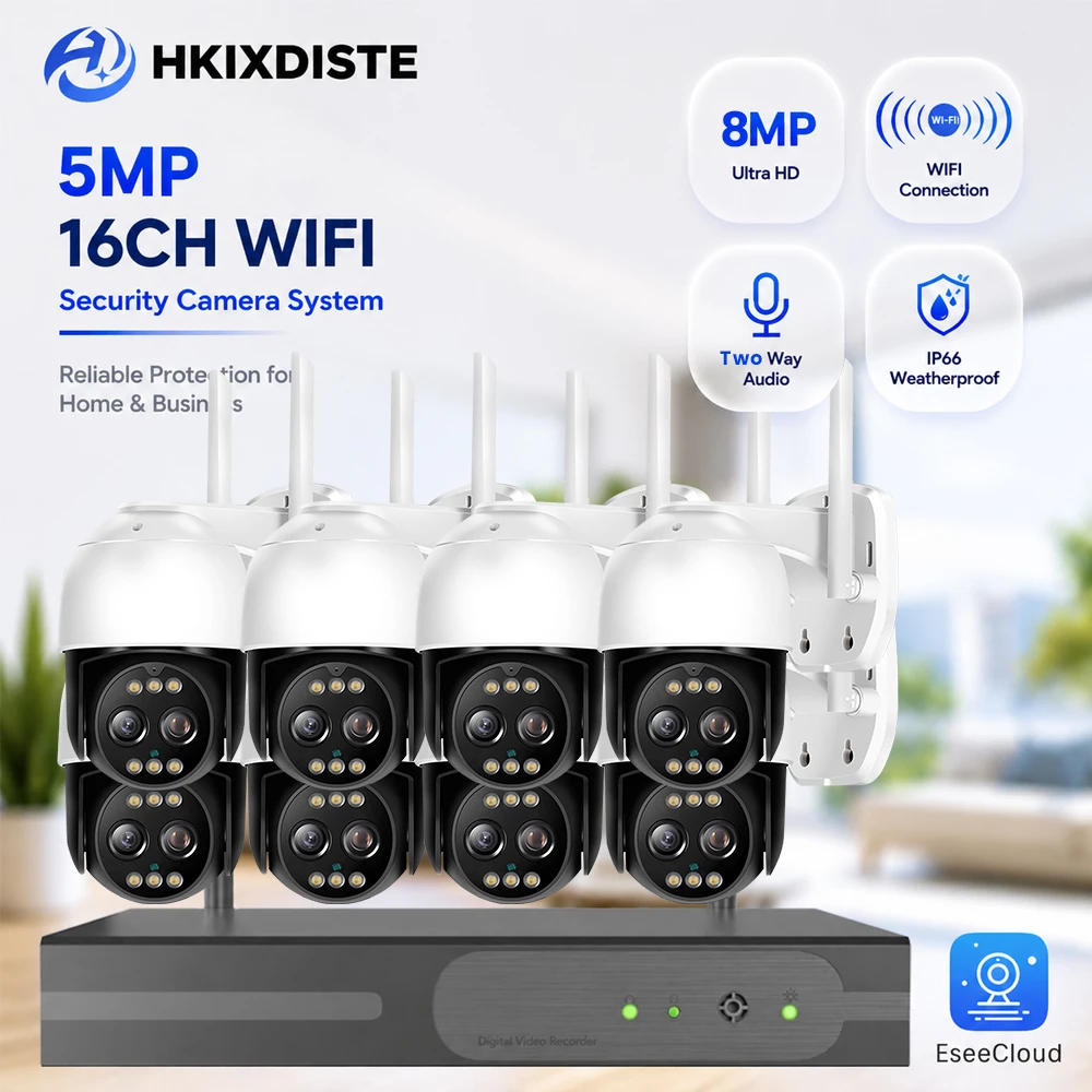 EseeCloud 5MP 16CH WiFi NVR CCTV System With Auto Tracking Two Way Audio 10X ZoomDual Lens PTZ Cameras  Outdoor Home Security