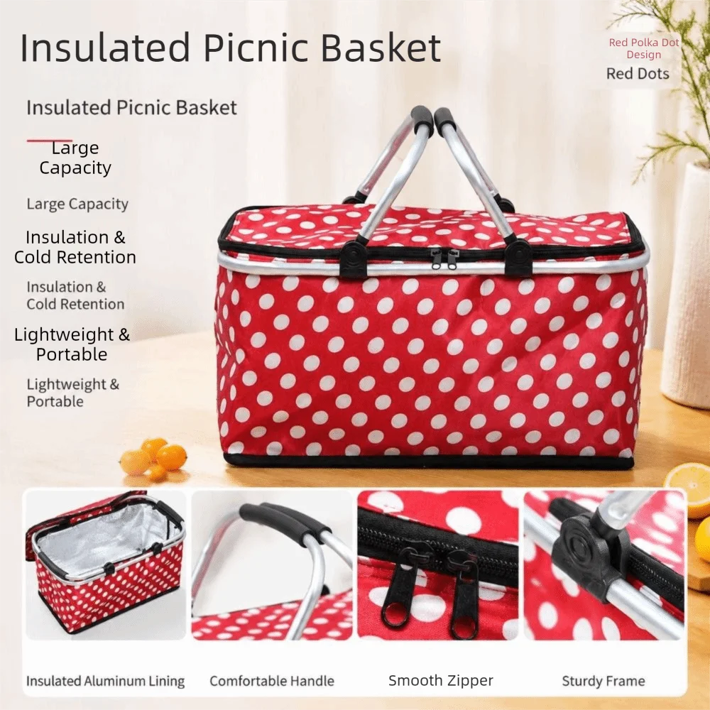 Satin Fabric Insulated Picnic Basket Insulated Lining Polka Dot Pattern Insulated Lunch Bag Zipper Closure Portable Handles