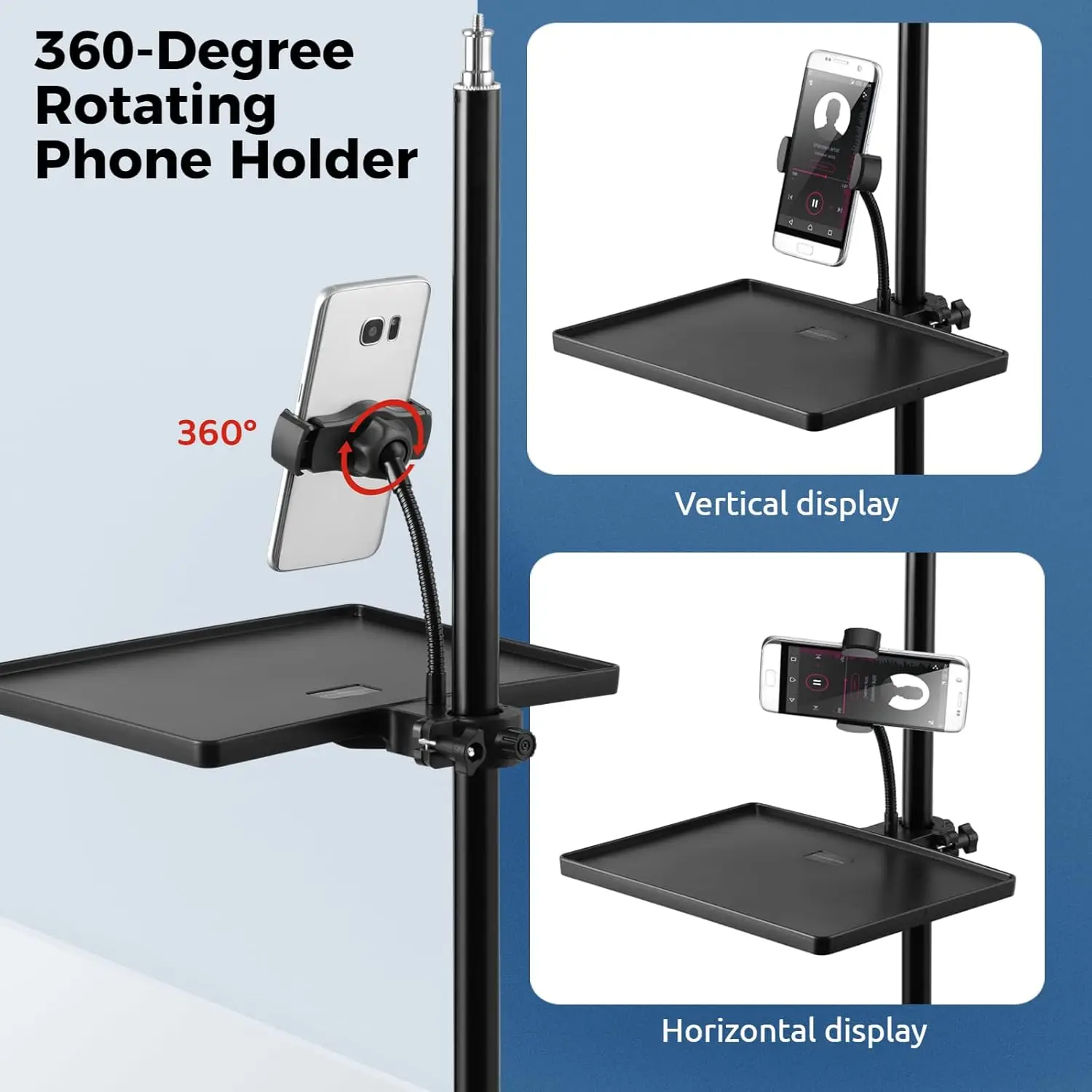 Microphone Stand Tray Mic Stand Tray with Phone Holder Adjustable Clamp On Stand for Singing Podcast Recording Streaming Stage