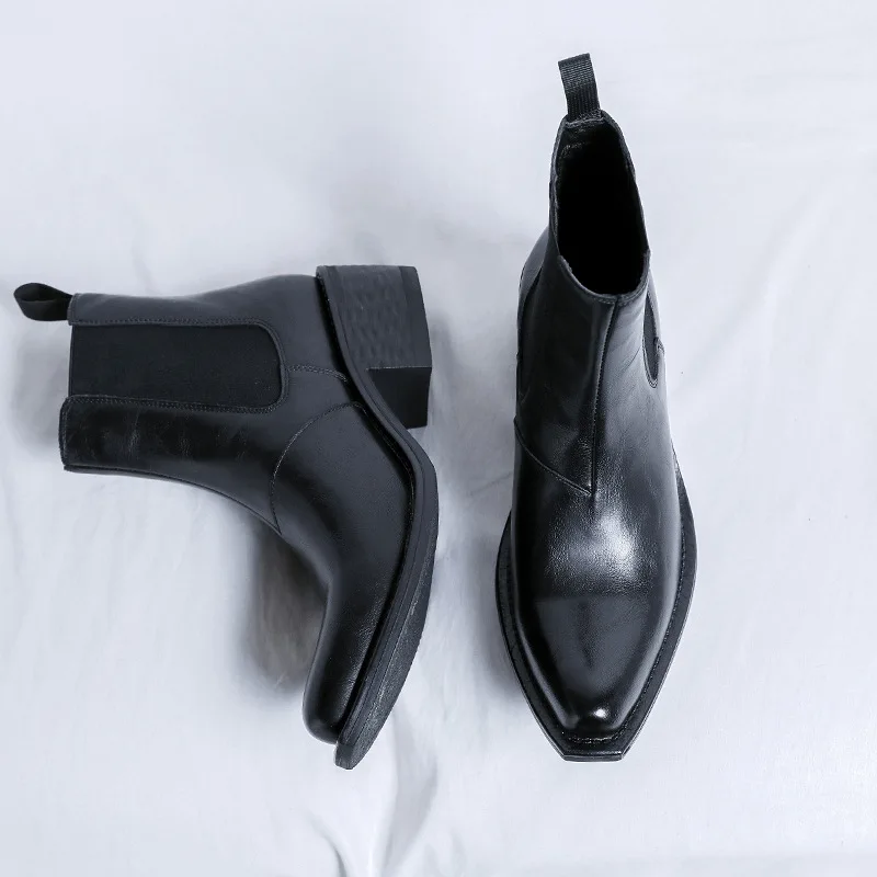 

Mens Ankle Business Boots High Heels Handmade 2025 Spring Vintage British Style Comfortable Black Wedding Social Shoes Male