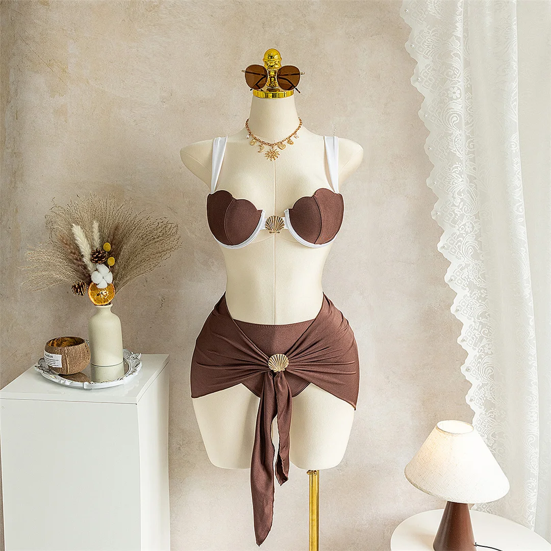 S - XL 3-teiliges Set mit Rock, Bügel-Bikini, Damen-Badeanzug, Damen-Bademode, dreiteiliges Bikini-Set, Badeanzug, Badebekleidung, Schwimmanzug V7948 – Detail 2