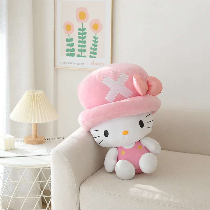 Kawaii MINISO Hello Kitty Cross Dress One Piece Monkey D. Luffy Plush Toy Pillow Hello Kitty Stuffed Plushies Doll Kid Gift