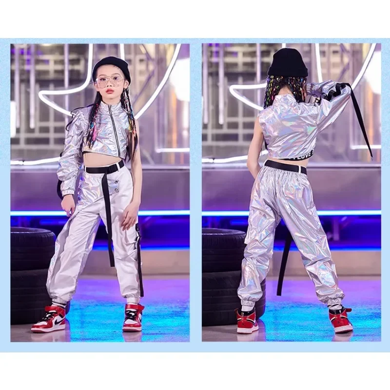 PU Hip-Hop Dance Clothes Reflective Rave Outfit Girl Sets Jazz Dancewear Festival Crop Tops Cargo Pants Catwalk Show Costume