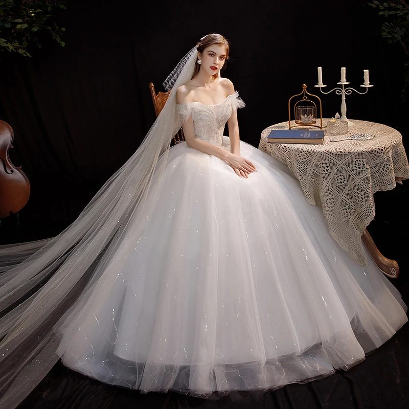 Customized Wedding Dresses One-word Shoulder Light Wedding Dress Bride Plus Size Ball Gowns Lace Up Vestido De Noiva