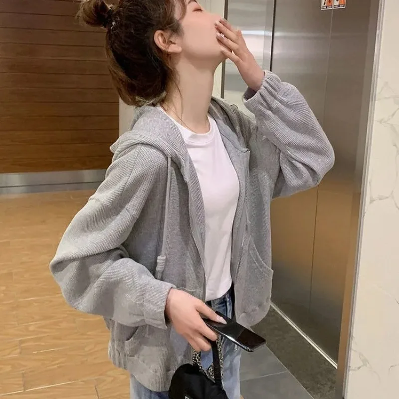 Women Hooded Zip Up Jacket Loose Casual Long Sleeve Solid Color Sweatshirt Cardigan For Autumn