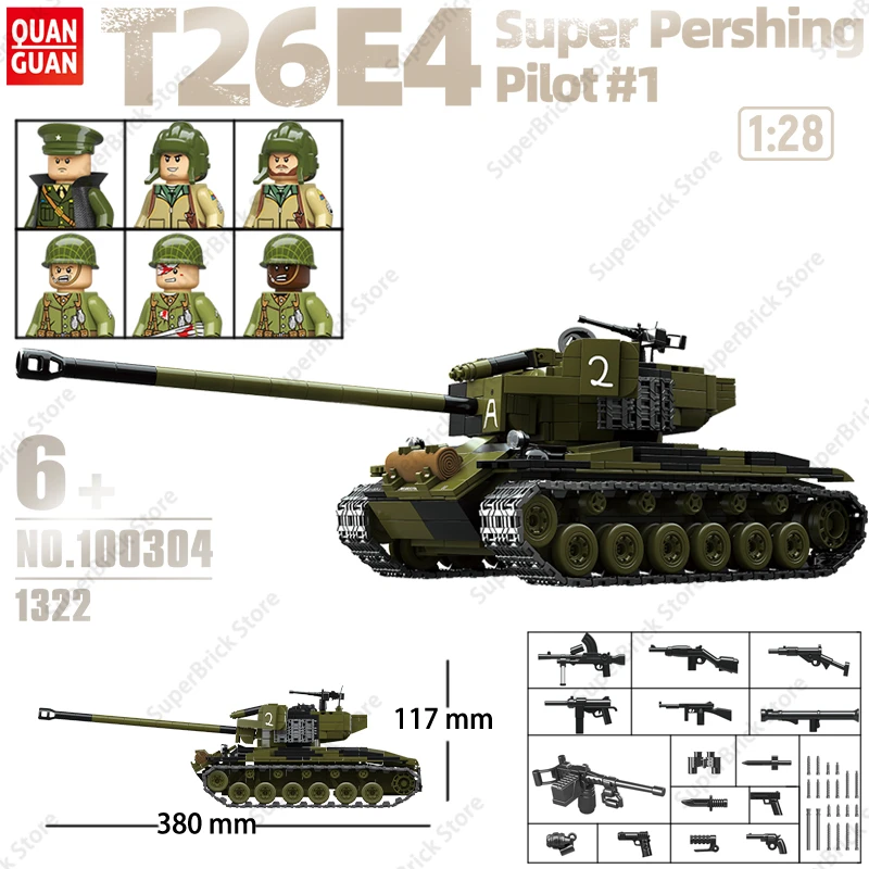 

WW2 1/28 T26E4 Super Pershing Pilot # 1, армия США, военный, самый сильный танк, бронеавтомобиль, классический строительный блок, модель игрушки для подарка