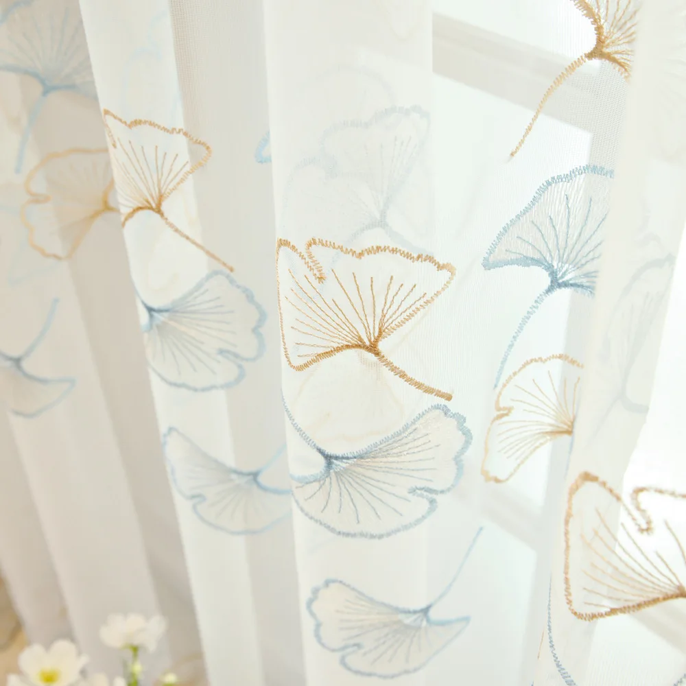 New Versatile Colorful Ginkgo Leaf Embroidered Gauze Living Room and Bedroom Curtains