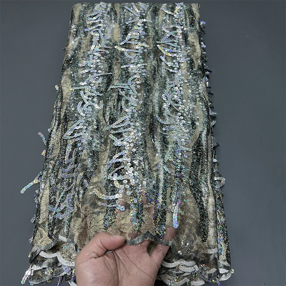 

Nigerian Sequins Tulle Lace Fabric High-Quality Embroidery African Net Cloth for Prom Dresses Beads 5 Yards 2025 PS0085