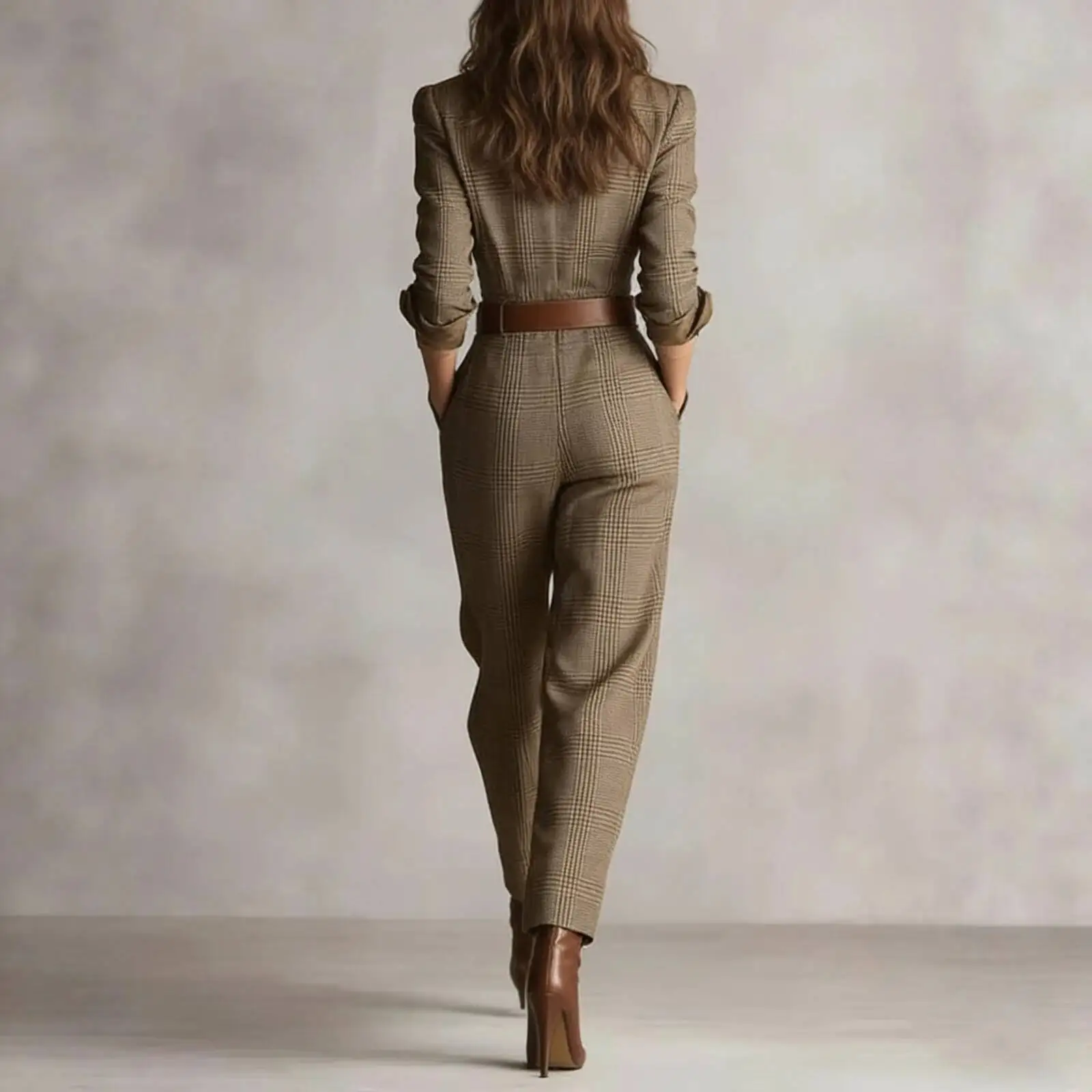 Retro Plaid Workwear Long Sleeved Flip Tie Waistband Work Spring And Autumn Women's Jumpsuit Pants
