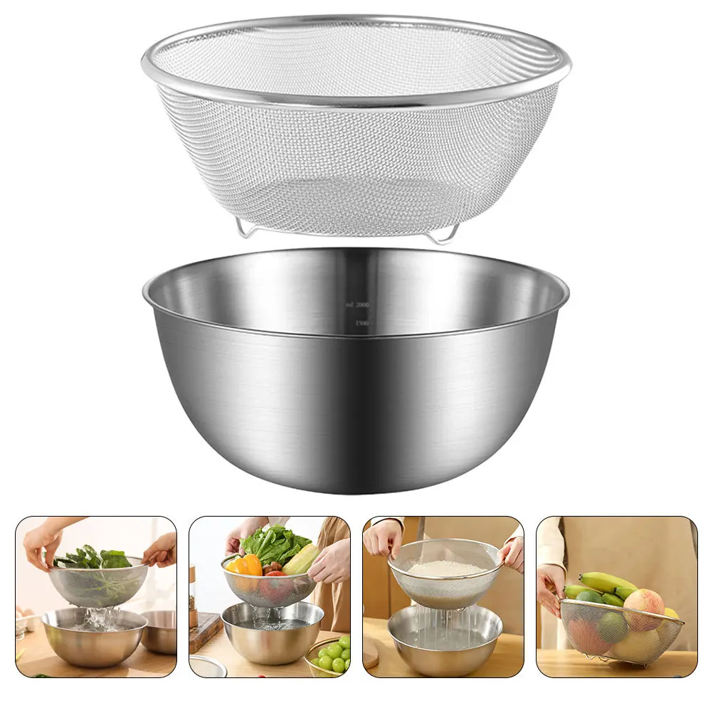 

1Set Stainless Steel Mesh Colander Strainer Bowl for Rice Washing Fine Mesh Draining Basket Kitchen Vegetable Fruit Filter