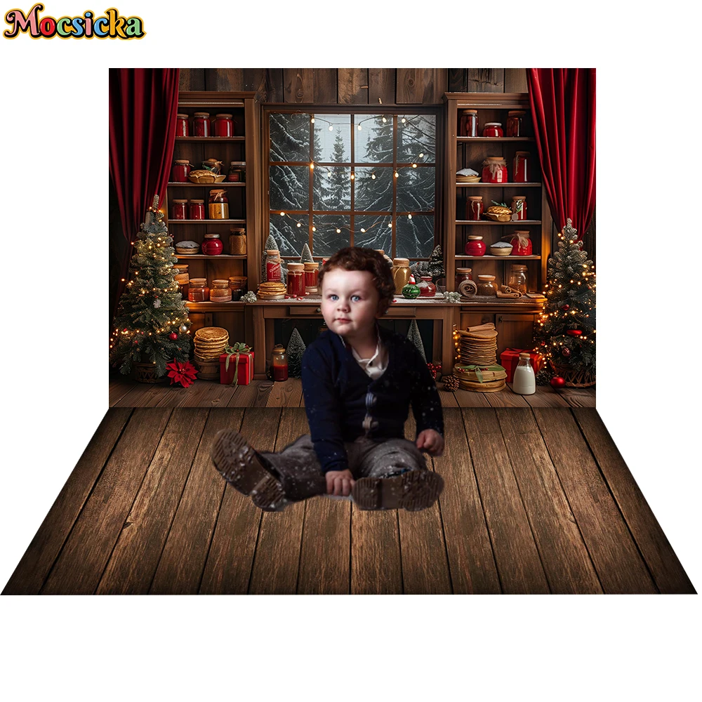 Mocsicka Winter Christmas Kitchen Photography Background Cook Window Xmas Trees Kids Family Portrait Decor Backdrop Photo Studio