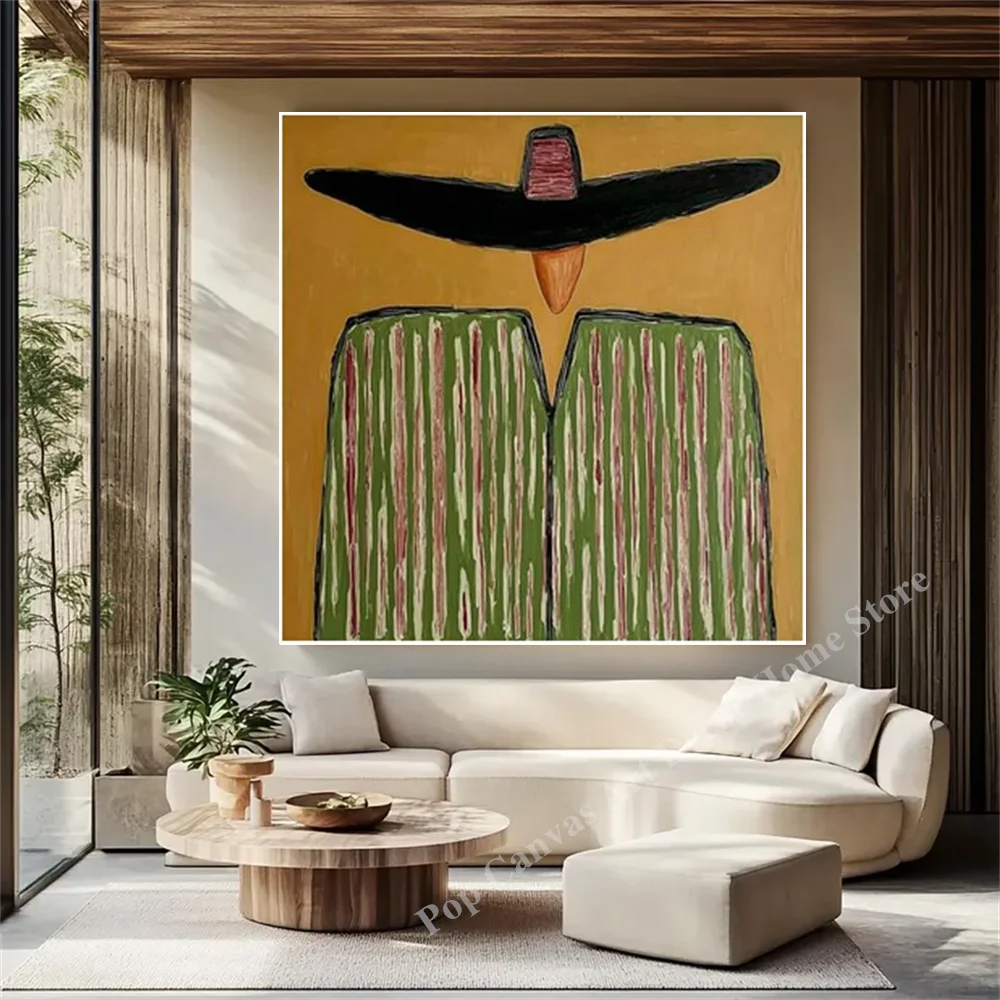 

Hand-Painted Abstract Figure with Hat Oil Painting Minimalist Boho Style Canvas Wall Art for Living Room Bedroom Home Decor