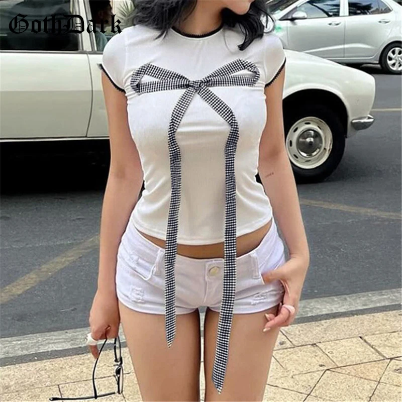 

Goth Dark 2000S Aesthetics Short Sleeve T-shirts Kawaii Bow Tie Ribbon O-neck Pullover Tops Slim Y2K Women T-shirt Gothic Tees