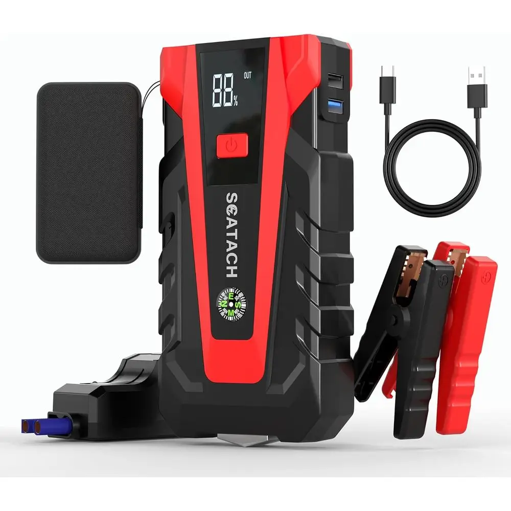 

12V Portable Jump Starter for Up to 9.0L Gas and 7.0L Diesel Engines, Compact Jump Box with 3 Flashlights, Cables, LED Display