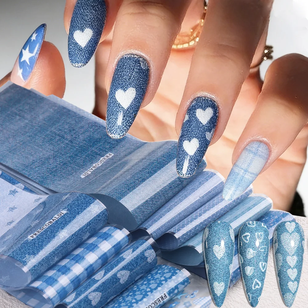 Ins patchwork Style Denim Nail Art Transfer Paper, Cute Heart Star Blue Denim Texture Nail Design - Y2K Cool Girl Nail Art Decor