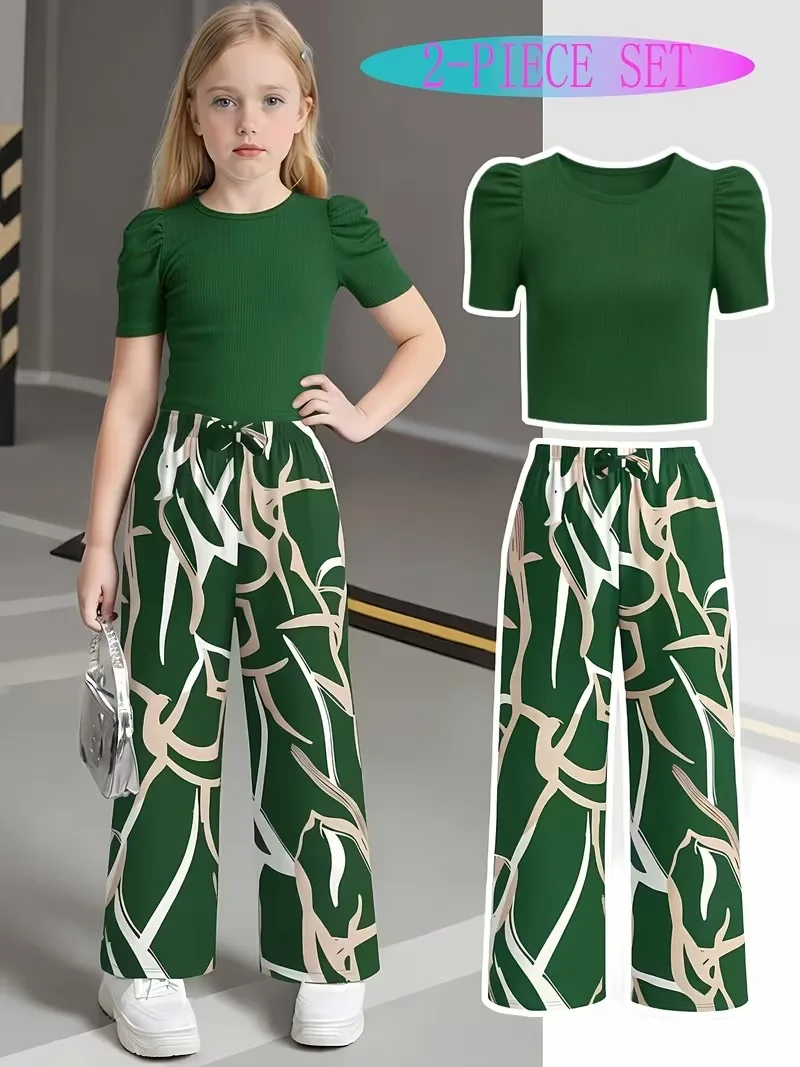 Girls 2-Piece Outfit Green Puff Sleeve Ribbed Crop Top & Abstract Print Wide Leg Pants Set