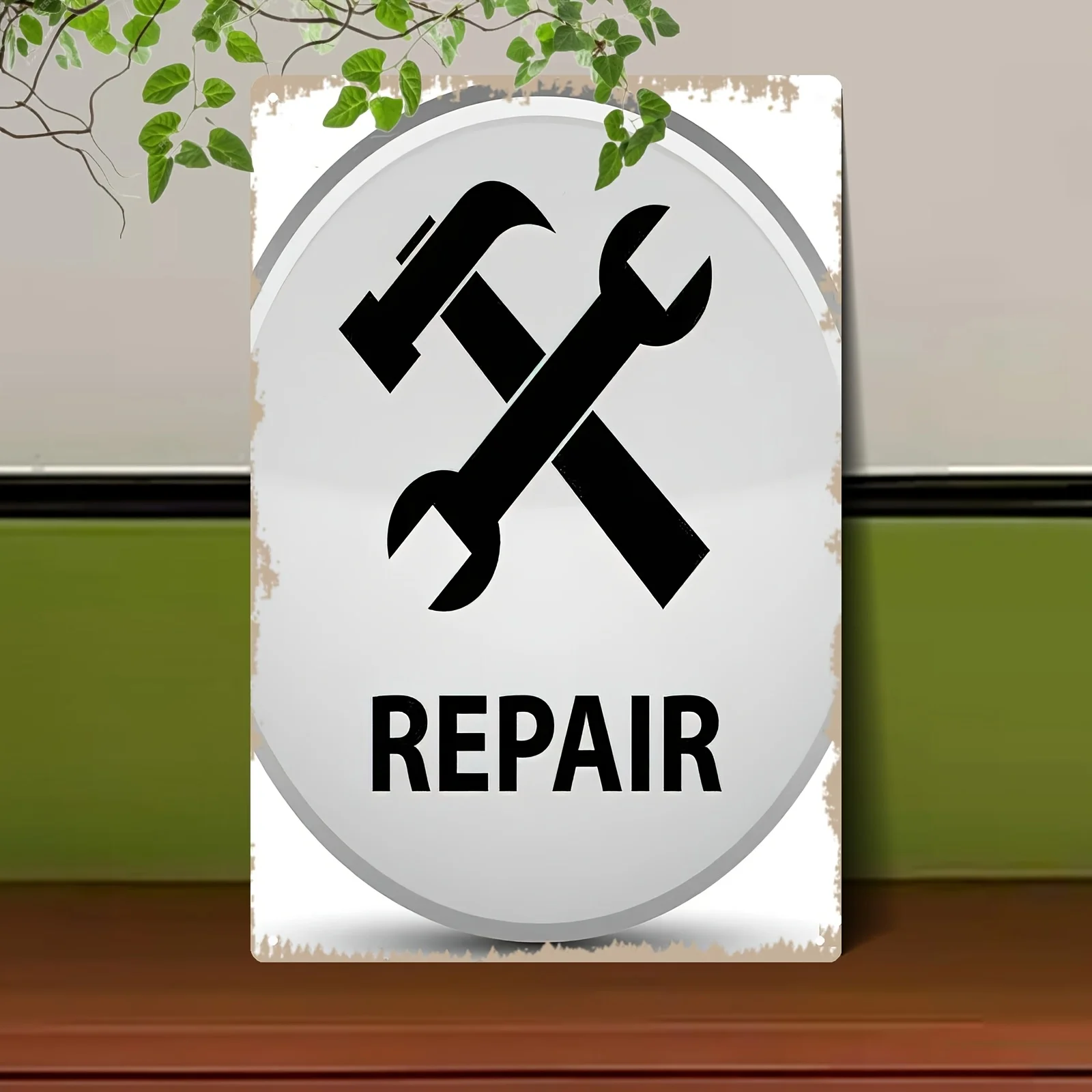 White Iron Wall Art - Round Button Icon with Wrench and Screwdriver Design, 