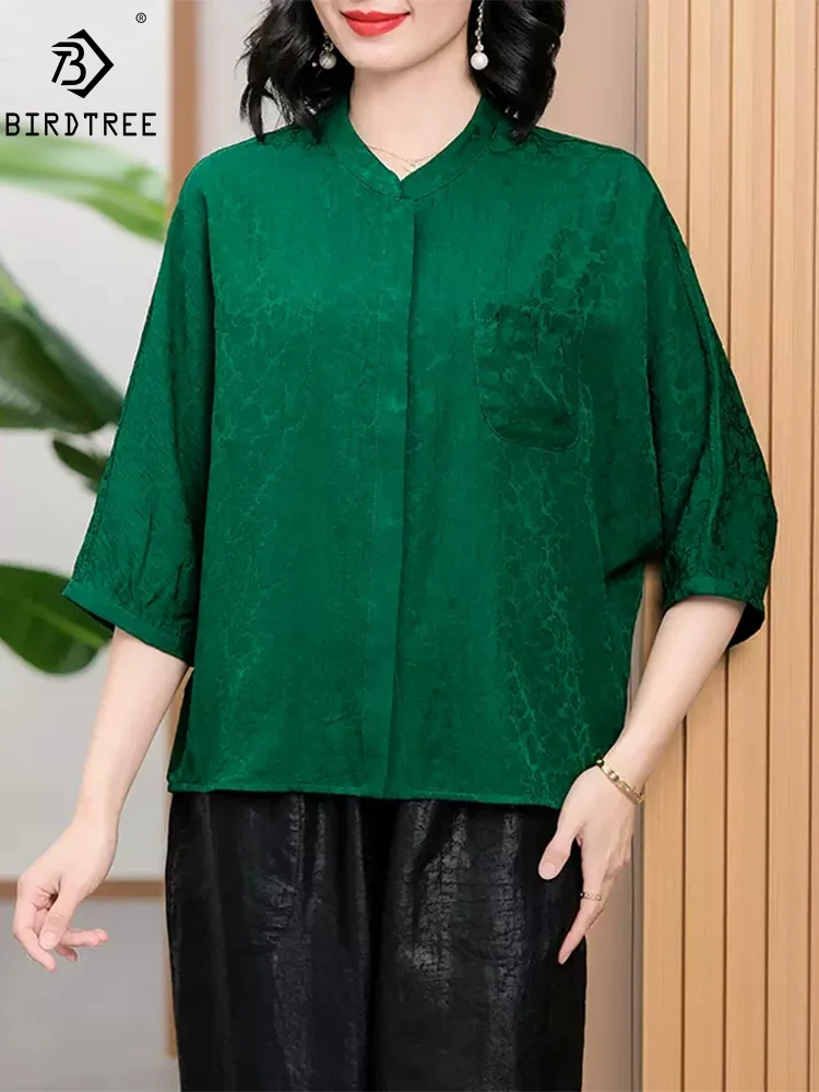 BirdTree Watered Gauze, 100%Real Silk Elegant Shirts, Women Solid, Mom Oversize Retro OL Blouses, 2024 Summer New Tops T44493QM