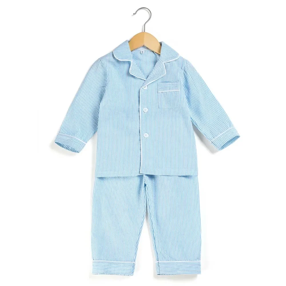 Mudbala Seersucker Two Pieces Spring And Summer Pink Blue Ruffle Button Up Kids Pyjamas Boys And Girls Easter Pajamas Sets