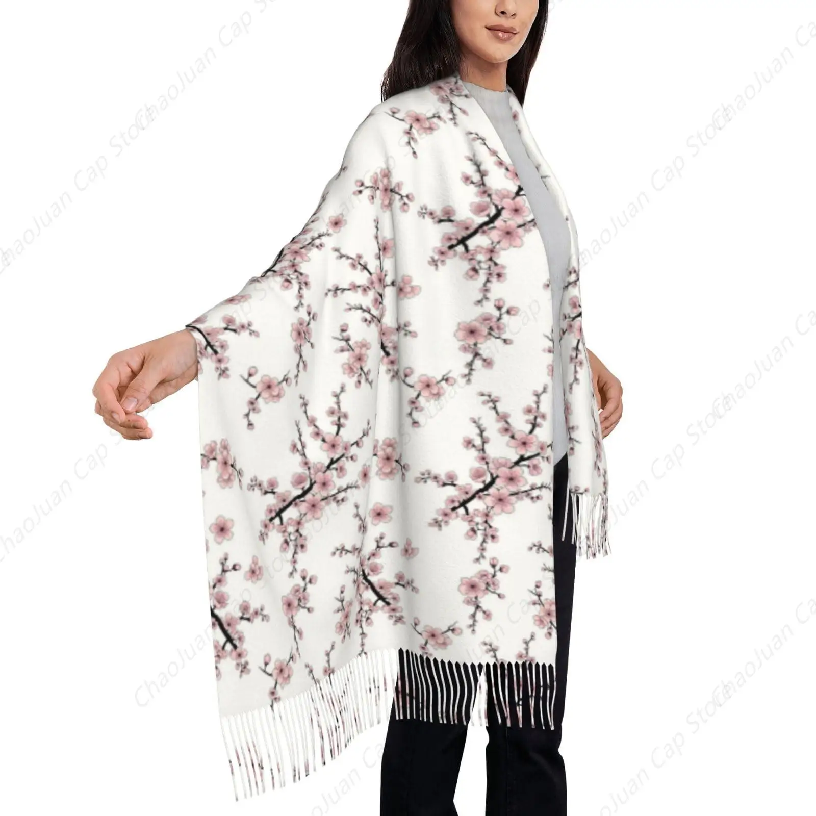 

Cherry Flowers Spring Women and Girls Cashmere Scarf Wraps with Fringe for Winter, Lightweight Pashmina Shawls Decoration