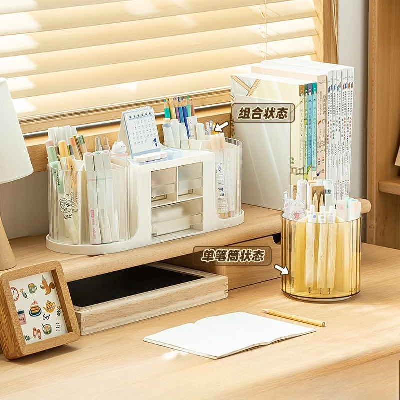 Plastic Dual Rotating Transparent Pen Holder Storage Box, Student Desktop High-value Storage Pen Holder
