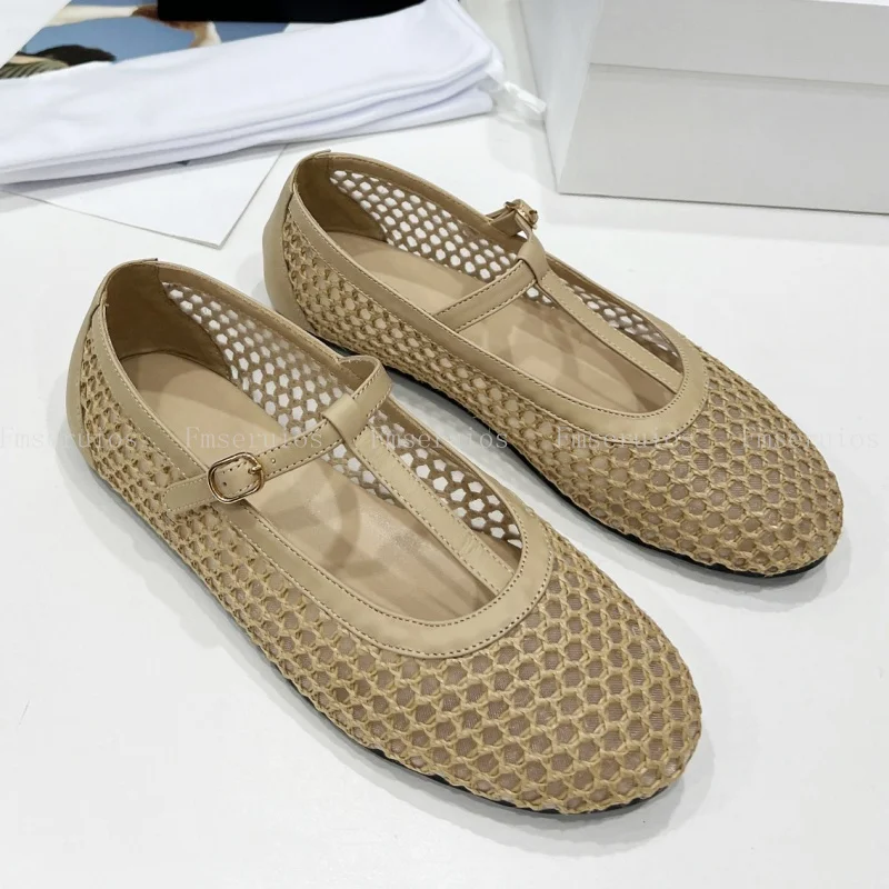 

Fashion Women Flat Shoes Round Toe Ballet Flats Hollow Out Mesh Leather Top Quality Elegant Casual Comfort Dress Holiday Sandals