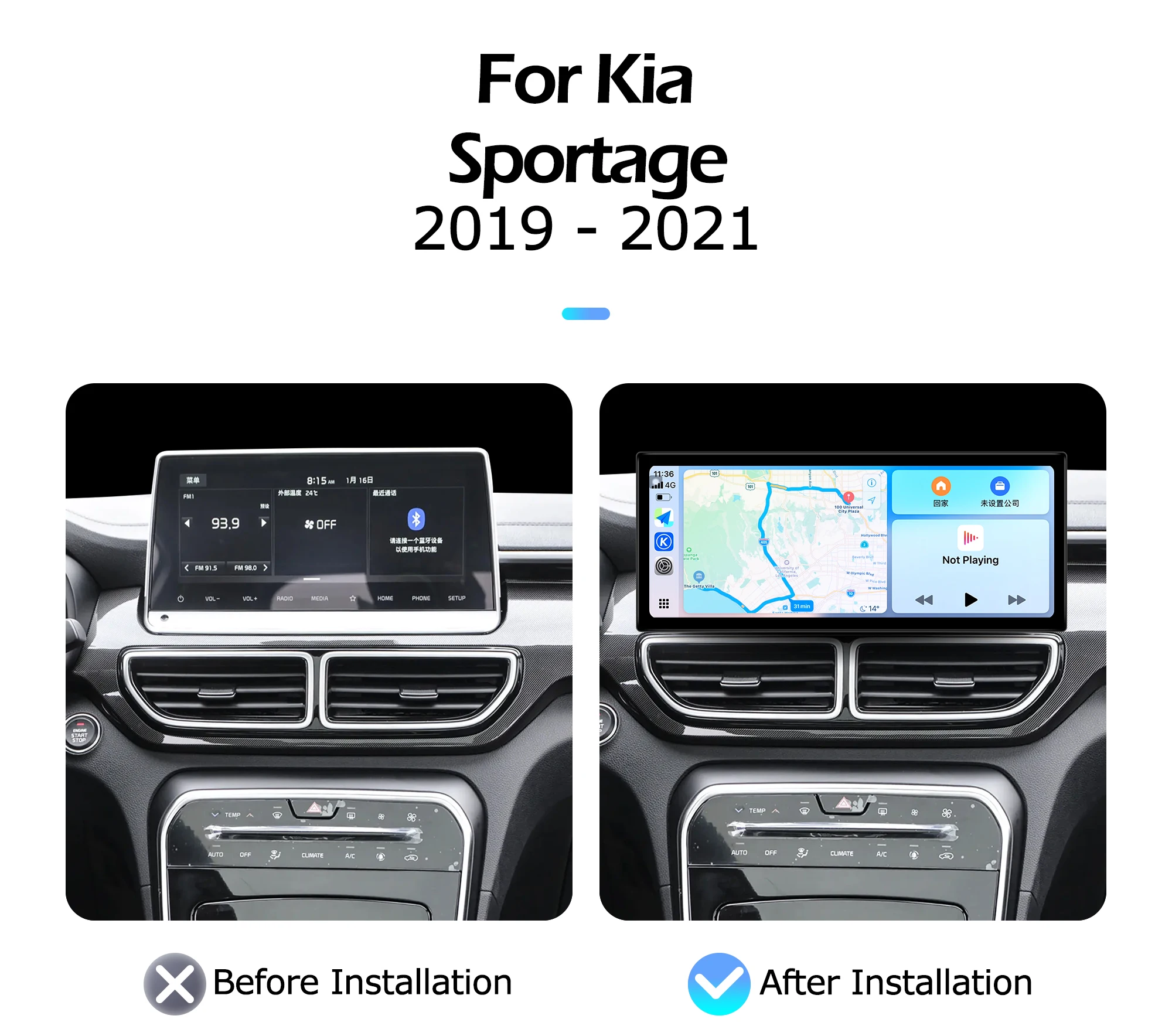 12.3 inch 2400*900P For Kia Sportage 2019-2021 Lntelligent Multimedia Right Angle Touch Screen GPS Android Auto Carplay WIFI DSP