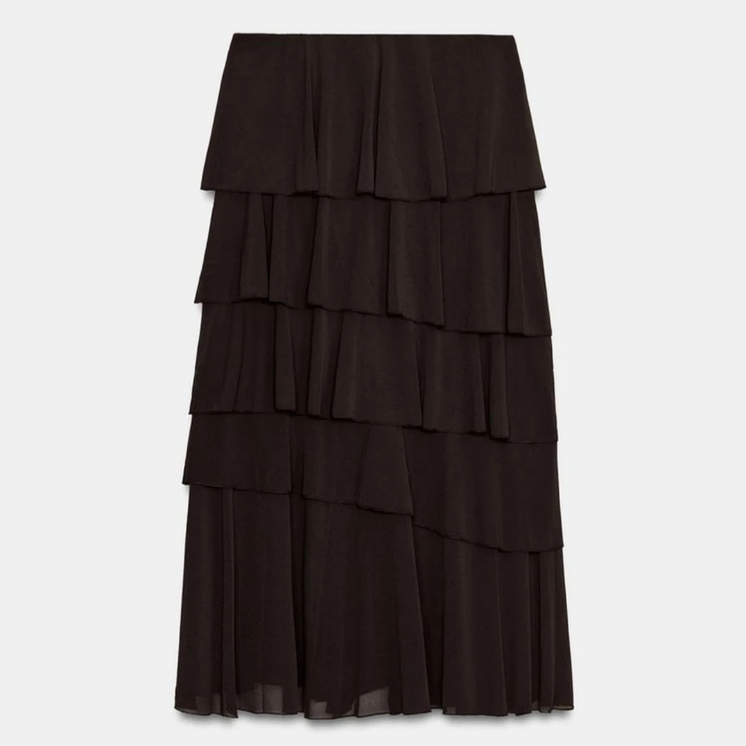 Spring New Arrival Black Multi-Layer Cake Skirt Women's Midi Skirt Pleated Layered Hemline Loose Fit Style Ladies Skirt