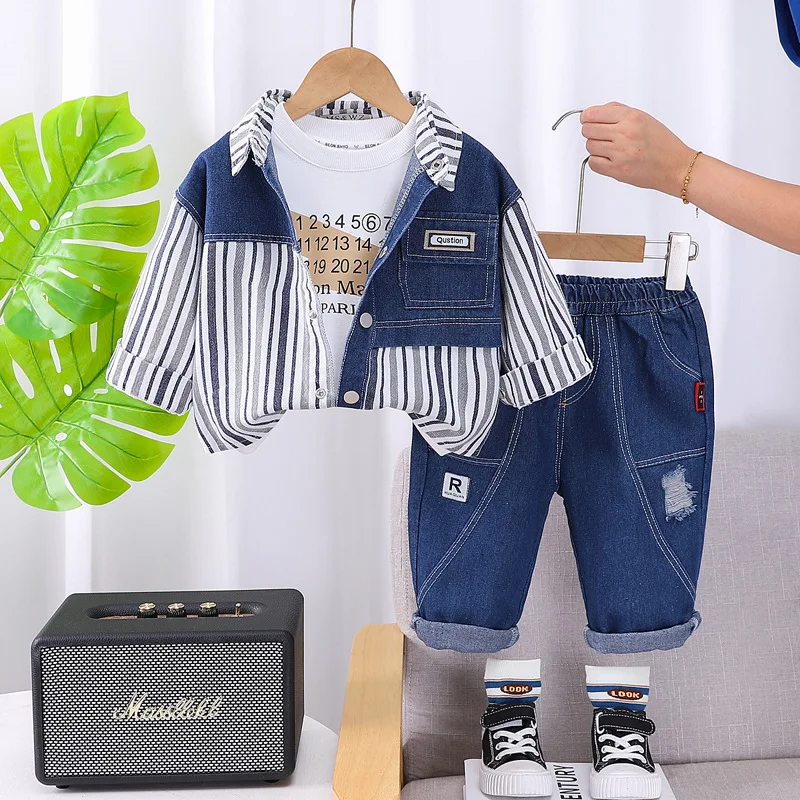 

Toddler Boys Outfits 2024 Autumn Baby Boy Clothes 1 To 5 Years Long Sleeve Denim Coats + T-shirts + Pants Childrens Clothing Set