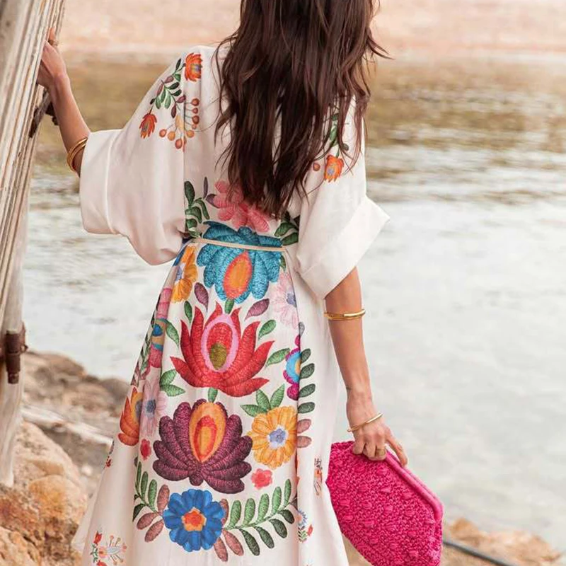 Casual korte mouw split bohemien jurk vintage patroon print losse shirtjurk dames elegante revers enkele rij knopen lange jurk