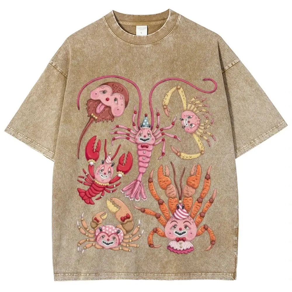 Sweet Cartoon Sea Creature Clown Print Washed Blue Oversized Cotton T-Shirt Whimsical Playful Aesthetic Retro Streetwear Style