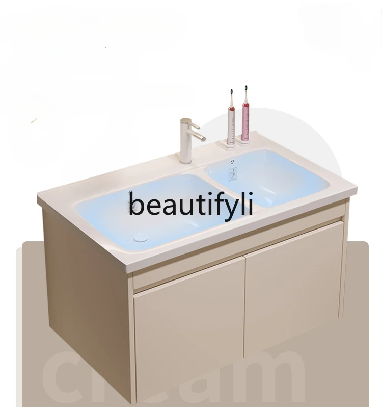 Cream wind bathroom cabinet combination ceramic double basin toilet household simple washing separation mirror cabinet