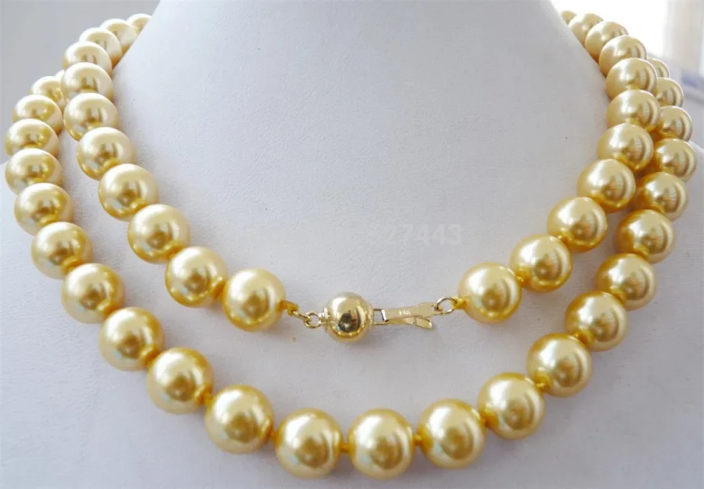 

Prett Lovely Women's Wedding Wholesale free ship hot 10mm yellow South sea shell pearl necklace 32inch